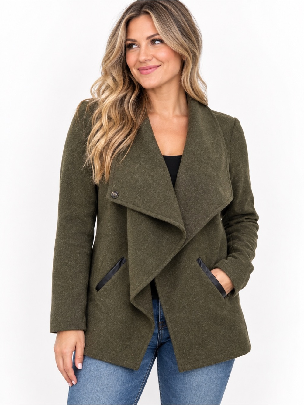 Ookie and Lala Women's Olive Green Draped Pea Coat with Front Pocket Detail